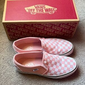 Vans Women’s Pink and White Checkered Slip On Shoes